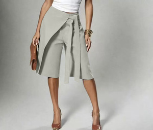 Office <strong>Lady</strong> Elegant Skirt Pants, High Waist Straight Leg Layered Wrap <strong>Culottes</strong> with Sash Detail - Product Image 2