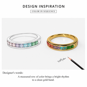 Rainbow Zircon Band <b>Ring</b> <b>Stainless</b> <b>Steel</b> 14K Gold Vacuum Plated Multicolor Square Stone Channel <b>Ring</b> - Product Image 2