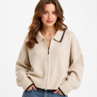 Pull cardigan personnalisé avec logo pour femme, tricoté, manches longues, col polo, couleur unie, mode décontractée, hiver, polyester, usine OEM & ODM