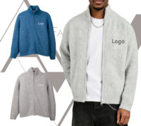 Veste en tricot côtelé gris chiné pour homme, veste zippée intégrale, col montant, style luxueux, cardigan bomber en tricot