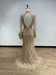MB239002 Robe de soirée à paillettes perlées, plumes accentuées, manches longues, col haut, dubaï, musulmane, arabe, pour femmes, bal de promo - Product Image 4