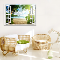 Tableau mural 3D abstrait effet fenêtre, Paysage marin avec palmiers, Décoration murale intérieure sur toile