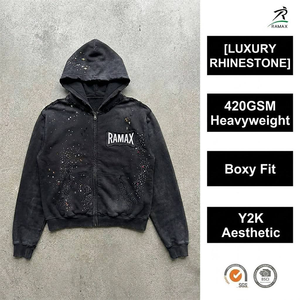Sweat à capuche zippé ample personnalisé en molleton épais, effet vintage délavé, avec patch en chenille effet éclaboussures de strass, style streetwear, OEM ODM - Product Image 1
