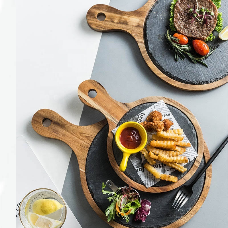 Small Black Slate Stone Acacia Wood Slate Pizza Plate Black Western Food Plate Sushi Steak Plate For Children · image 4