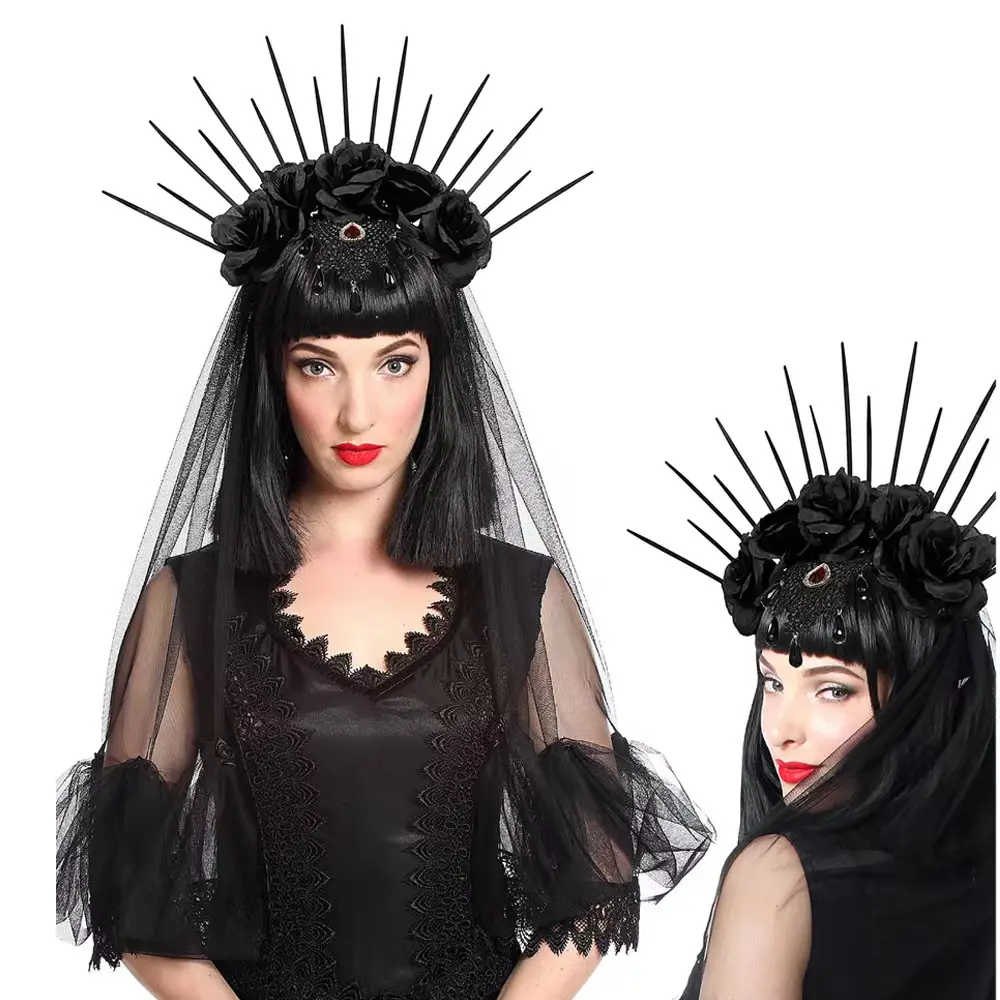 Gothic Flower Headband Halloween hair hoop Headband cosplay decoration accessories Halloween Black Veil headband