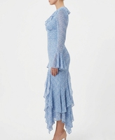 Robe longue maxi en mousseline bleue à imprimé floral, col en V, manches longues évasées, volants, coupe sirène, idéale pour les rendez-vous et les brunches