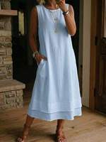 Robe midi décontractée et élégante en lin sans manches à col rond pour femme, grande taille, haute qualité, collection été 2026