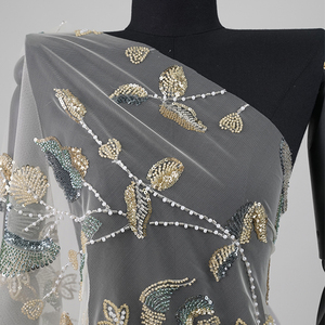 고품질 스팽글 폴리에스터 메쉬 원단 비즈 자수 럭셔리 크리스탈 비즈 원단 - Product Image 4