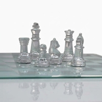 Jeu d'échecs en verre cristal 35/25/20cm, pièces givrées/transparentes, roi de 7,5cm, coussinets antidérapants écologiques