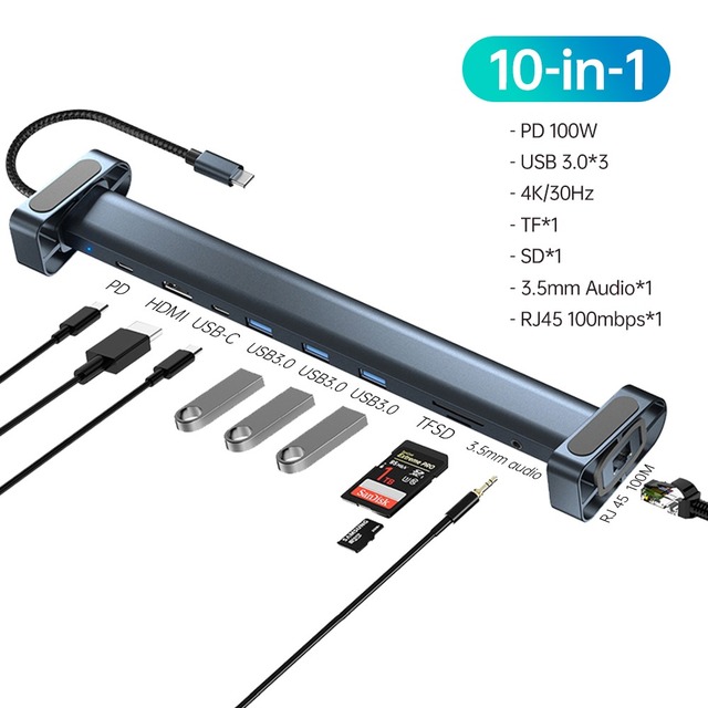 10in1-Port USB C Docking Station Adapter 4K HDTV PD 100W 5Gbps RJ45 SD/TF Card Reader USB 3.0 for Laptop/Tablet Multiport Hub