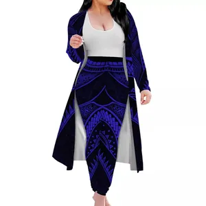 pelerin siyah Suppliers-Siyah ve mavi polinezya tribal şerit tasarım baskı kadınlar casual uzun ceket pelerin tayt pantolon 2 parça set