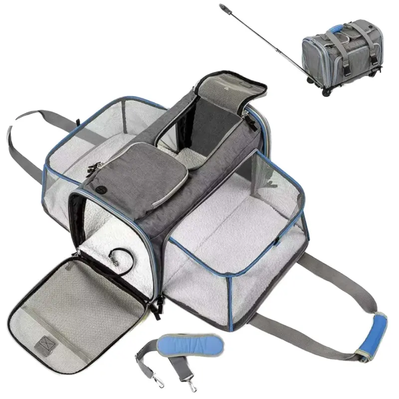 Airline Approved Pet Dog Rolling Carrier Expandable Trolley Bag Removable Wheels 2 Sides Patterned Animal Cotton Plastic