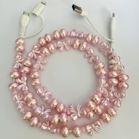 Nouveau câble de données 4-en-1 fait main avec perles roses et nœuds blancs, chargeur USB Type-C à charge rapide pour téléphones et ordinateurs