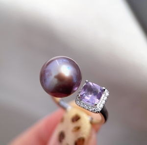 Modern Luxury Women's <strong>Bridal</strong> Ring Earrings <strong>Set</strong> Royal Purple Amethyst Edison Pearl 925 Sterling Silver Vintage Style - Product Image 3