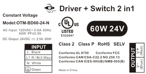 Livraison rapide OTM-BD60-24-N pilote DC24V 2.5A répertorié UL + commutateur 2 en 1 pilote LED Non-Dimmable 60W à tension constante - Product Image 3