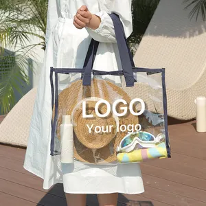 Yaz plaj çantası ağır büyük özel baskılı Logo kadınlar plaj çantası plastik alışveriş çantası alışveriş çantası