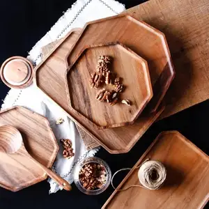 طقم من صينيتين من خشب السنط مربع الشكل مستطيل صينية تقديم خبز أطباق تقديم خشبية