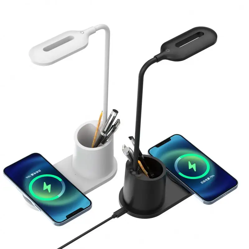3 in 1 Wireless Charging LED Desk Lamp USB Port Qi Fast Wireless Charger with Pen Holder