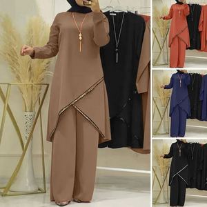 <span class=keywords><strong>HANO</strong></span>, venta al por mayor, nueva camisa de manga larga de Color sólido para mujer, pantalones de pierna ancha, conjunto informal de dos piezas musulmán, Top y pantalones, traje musulmán - Product Image 2