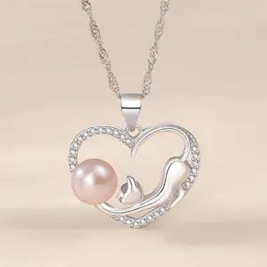 925 gioielli in argento Sterling cuore carino gatto collana di perle d'acqua dolce per le donne