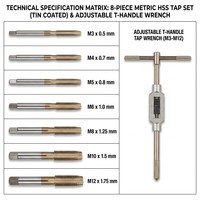 Jeu de 8 tarauds manuels HSS M3-M12 revêtus d'étain, tarauds métriques avec clé à poignée en T réglable, kit d'outils de filetage