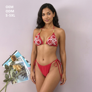 Ensemble bikini 3D en tissu fleuri pour femme, maillot de bain perlé à licol, vêtements de plage personnalisés en gros, tenue de festival, vêtements de plage caribéens, 2 pièces OEM - Product Image 1