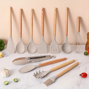 <b>Silicone</b> Kitchen Tool Set Wooden Handle Heat Resistant Non Stick Spatula Whisk Spoon Scraper <b>Baking</b> Cooking Utensils - Product Image 1