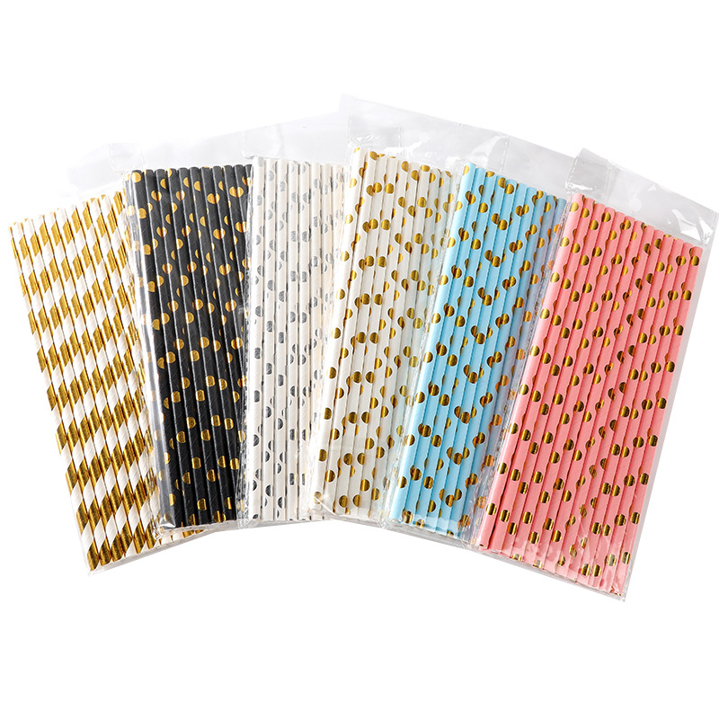 Nicro Pack of 25pcs Eco Friendly Colorful Disposable Wholesale Drink Biodegradable Paper Gold Wave Designs Gold Dots Party Straw