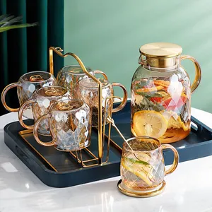 欧式简约客厅创意菠萝图案茶杯玻璃水套茶具组合