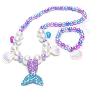 Set di <span class=keywords><strong>Collana</strong></span> e Orecchini da Sposa a Tema Sirena per Bambine, <span class=keywords><strong>con</strong></span> <span class=keywords><strong>Perle</strong></span> di Vetro Rosa e <span class=keywords><strong>Blu</strong></span>, Gioielli Carini e alla Moda per Bambini, Vendita all'Ingrosso - Product Image 2