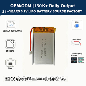 Литий-ионный аккумулятор OEM ODM 303759 650 мАч 3.7В с сертификатом CE для носимых умных устройств (пакетный тип) - Product Image 1