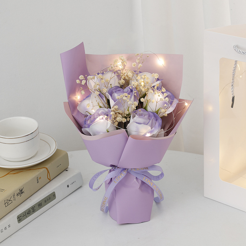Sac-cadeau ciel étoilé + 7 roses [violet lilas] avec lumière