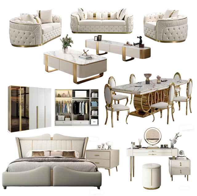 Wooden King Size Bed Sofa Dining Table Wardrobe Dresser Nightstand Complete Home Luxury Modern Furniture Set