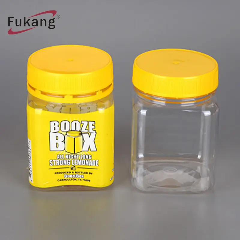 Botol makanan silinder stoples madu hewan peliharaan dengan tutup pemasok Dongguan dengan topi, cetakan layar plastik persegi disesuaikan 200ML