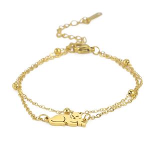 Pulsera de Acero Inoxidable con Dije de Gato Acostado para Mujer, Linda Pulsera de Mano con Doble Cadena de Gatito, Joyería, Regalo, Venta al por Mayor - Product Image 5