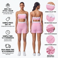 Ensemble de yoga pour femmes de fabricant de vêtements de sport haut de gamme, extensible dans les 4 sens, avec brassière de sport bandeau à bord festonné rose et short cycliste taille haute