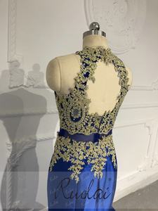 OEV-L4334 taglie forti <span class=keywords><strong>blu</strong></span> arabe con Applique <span class=keywords><strong>oro</strong></span> abito lungo abiti da sera per la madre della sposa - Product Image 6