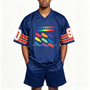 Camiseta de Jersey de Manga Corta con Cuello en V y Estampado de Arcoíris Azul para Hombre, con el Número 9 y 0 en las Mangas, Estilo Deportivo, Corte Regular - Product Image 1