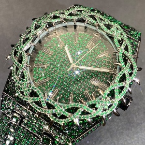Montre pour homme de grande taille, unique et personnalisée, avec mouvement à quartz, cadran à aiguilles, design à motif d'épines, zircon incrusté, vert, entièrement sertie de diamants, style hip-hop - Product Image 4