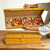 Boîte à pizza personnalisée à trois compartiments, boîte d'emballage recyclable en carton ondulé pour la livraison de restaurants
