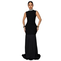 Robe Longue Fourreau Époustouflante Noire Élégante sans Manches à Col Montant Orné de Perles pour Soirées, Bals, Clubs et Célébrités