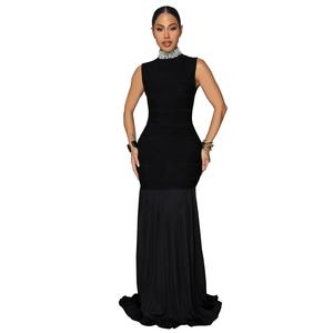 Negro elegante Prom vestidos de noche mujeres club nocturno fiesta celebridad sin mangas perlas Stand Collar vaina Bodycon Maxi vestido - Product Image 4
