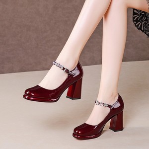 Escarpins élégants en cuir de vachette, à bout épais et pointu, avec lacets et bride à boucle, couleur unie, pour le printemps - Product Image 1