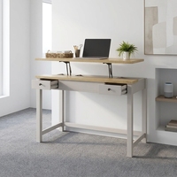 Escritorio de Computadora Estilo Rústico con Altura Ajustable, Mesa de Escritura con Tapa Elevadora y 2 Cajones, Estación de Trabajo para Oficina en Casa