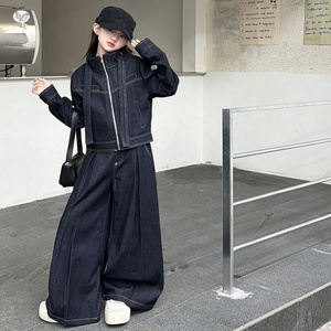 Completo in denim 2 pezzi per <span class=keywords><strong>ragazze</strong></span> 2026 Primavera Autunno: Giacca con nastro e pantaloni a gamba larga per adolescenti e studentesse - Product Image 1
