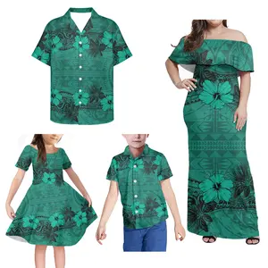 Yeşil polinezya ebeveyn-çocuk aile seti kısa kollu gömlek erkek giysileri yaz bebek kız anne elbiseler aile eşleştirme kıyafetler