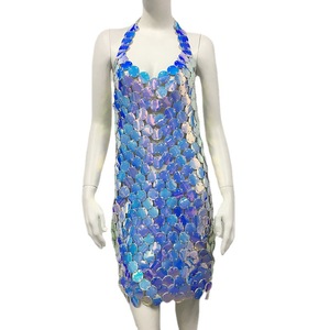 Abbigliamento da donna nuovo abito geometrico Wafer colorato in pelle Patchwork gonna Sexy carnevale bretelle abito - Product Image 5