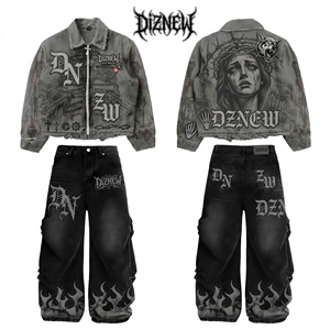 Ensemble veste et jeans baggy en denim pour <span class=keywords><strong>homme</strong></span> DiZNEW, imprimé graphique gothique, veste zippée, pantalon large, streetwear, logo personnalisé OEM ODM - Product Image 1
