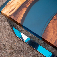 Table à café et à manger moderne en bois massif avec cascade bleue, résine époxy, bureau rivière pour usage hôtelier