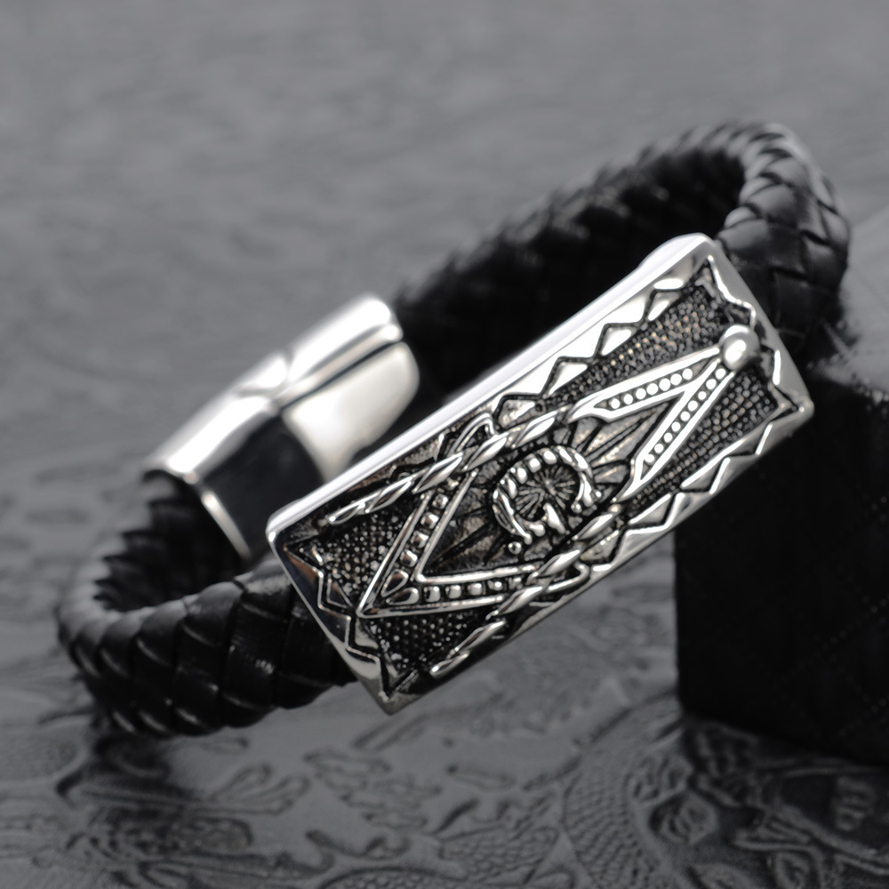 Men's 11mm Black Leather Braided Bracelet With Stainless Steel - Freemasonry Style